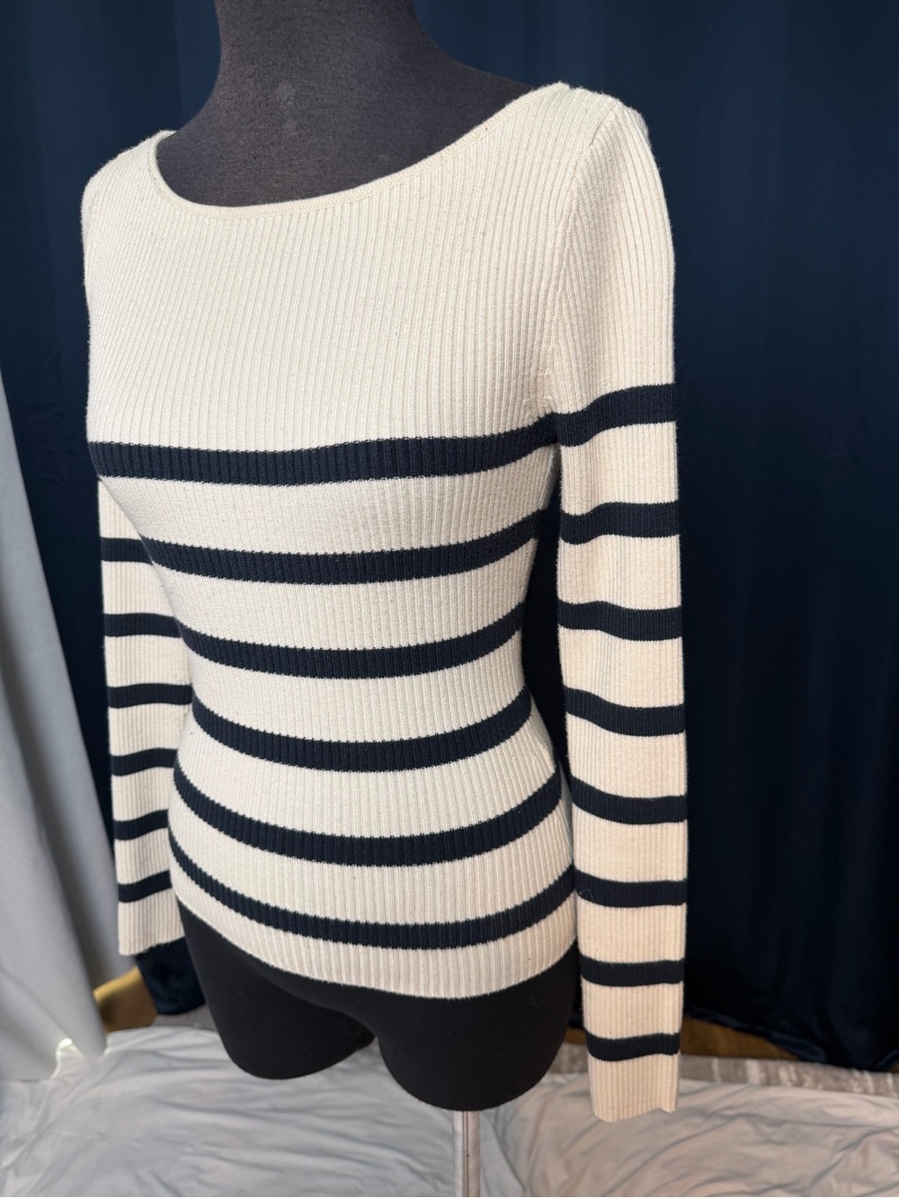Zara Striped Rib-Knit Boatneck Sweater in Cream and Black